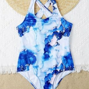 Girls Marble Printed Crisscross Back Swimsuit